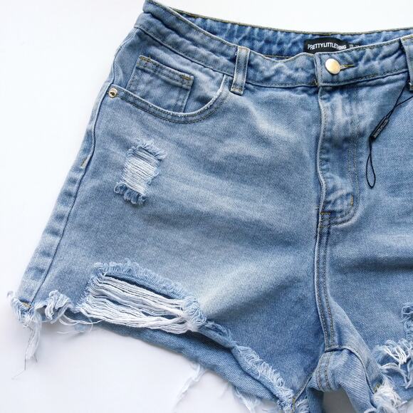 Pretty Little Thing Size 8 Denim Jean Shorts Cutoffs Distressed Boho Festival - Picture 2 of 10